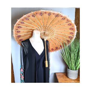 Vintage Asian Rice Paper Bamboo Parasol Umbrella Hand Painted 33" Excellent